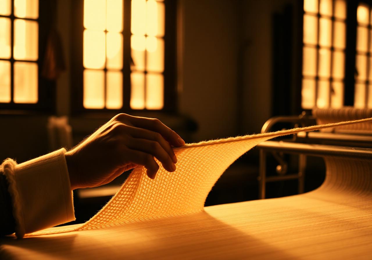 Artisan inspecting fine knit fabric in Nafeesa atelier